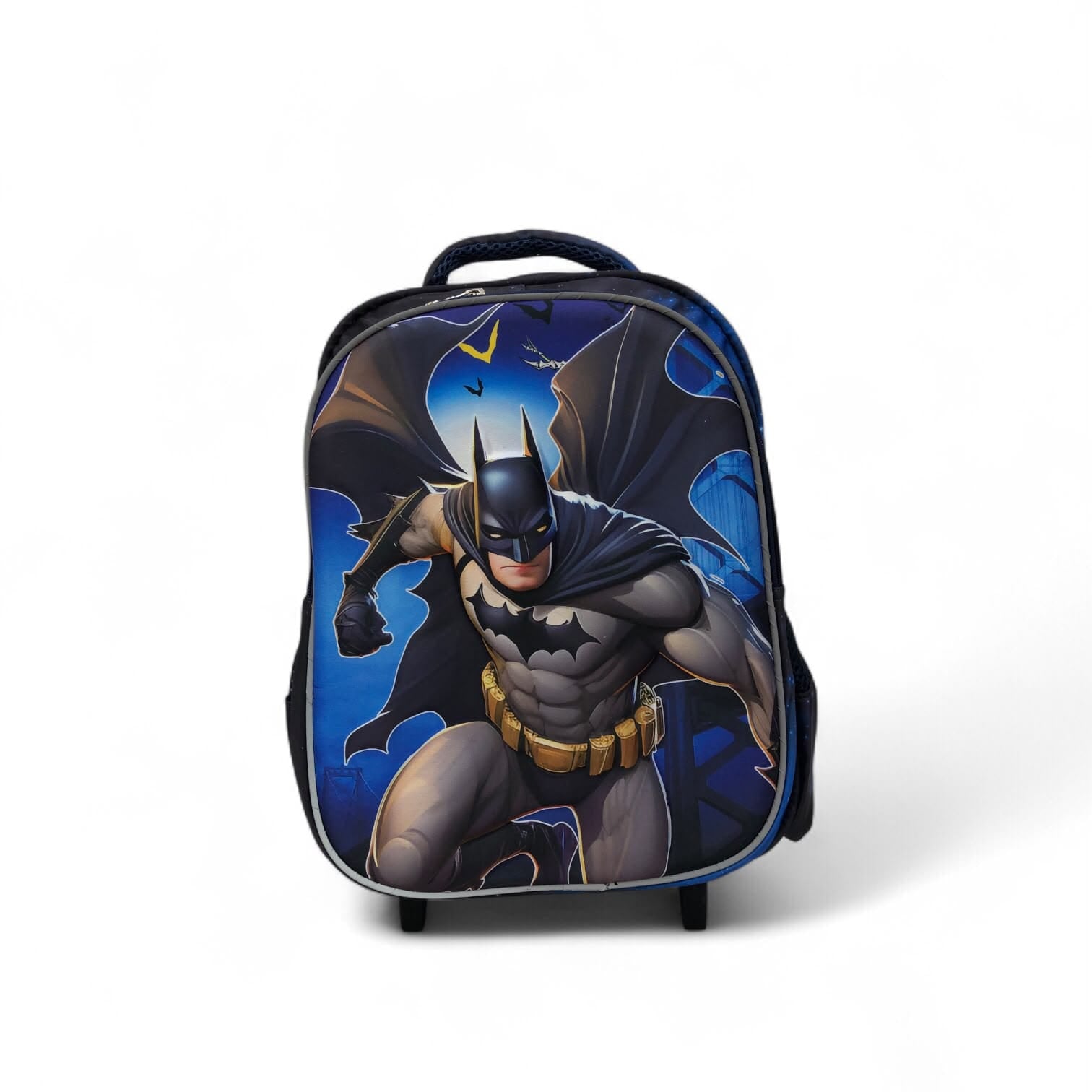 Blue and black kids trolley bag with Batman front graphic and top handle